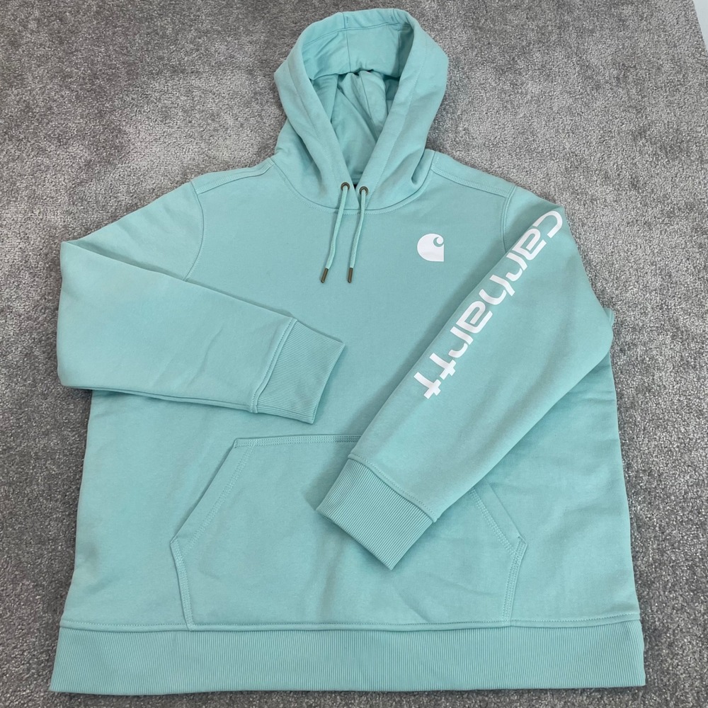 Carhartt Hoodie Womens 2X Relaxed Fit Fleece Sweatshirt Logo Sleeve Mint Green